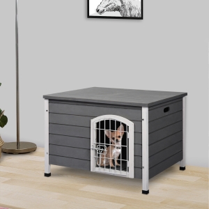 PawHut 31" Folding Dog Crate Kennel, Portable Pet House, Wooden Wire Cage for Miniature and Small Sized Dogs with Lockable Doors Open Top Removable Tray, Grey