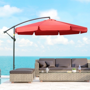 Outsunny 11FT Offset Hanging Patio Umbrella Cantilever Umbrella with Easy Tilt Adjustment, Cross Base and 8 Ribs for Backyard, Poolside, Lawn and Garden, Red