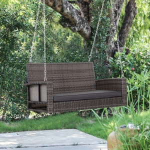 Outsunny 2-person Outdoor Wicker Porch Swing Chair Garden Rattan Hanging Bench with Cushion Yard Double Hammock Sun Lounge Seat, Grey