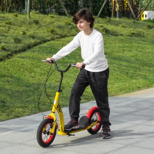 Aosom Kids Kick Scooter Adjustable Height, Front Rear Dual Brakes, 12-Inch Inflatable Rubber Wheels, for 5+ Years, Yellow