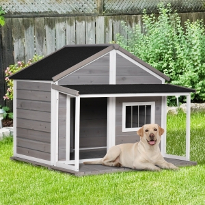 PawHut Outdoor Dog House Cabin Style, Wooden Raised Pet Kennel with Asphalt Roof, Front Door, Side Windows, Deck for Medium/Large Dogs, 53 Lbs, Grey