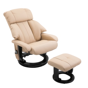 HOMCOM Recliner with Ottoman Footrest, Recliner Chair with Vibration Massage, Faux Leather and Swivel Wood Base for Living Room and Bedroom, Beige