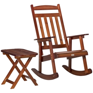 Outsunny Wooden Rocking Chair Set, 2-Piece Outdoor Porch Rocker w/ Foldable Table, Brown