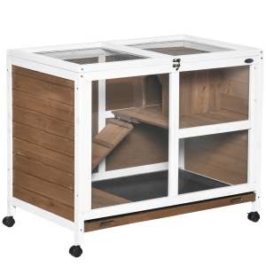 PawHut Fir Wood Rabbit Hutch Indoor Home with a Living Room for Sleeping Run Area