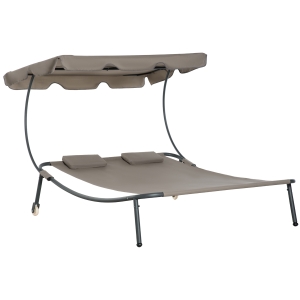 Outsunny Patio Double Chaise Lounge Wheeled Hammock Bed w/ Adjustable Canopy Brown