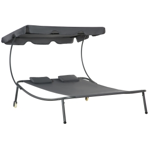 Outsunny Patio Double Chaise Lounge Wheeled Hammock Bed w/ Adjustable Canopy Grey
