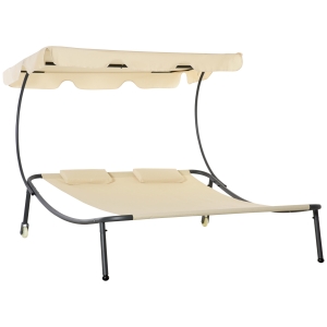 Outsunny Patio Double Chaise Lounge Wheeled Hammock Bed w/ Adjustable Canopy, Beige