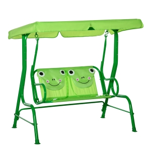 Outsunny Kids Patio Swing Chair, Children Outdoor 2-Seat Porch Bench Toddler Glider for Garden Backyard with Adjustable Canopy, Seat Belt, Frog Pattern for 3-6 Years Old, Green