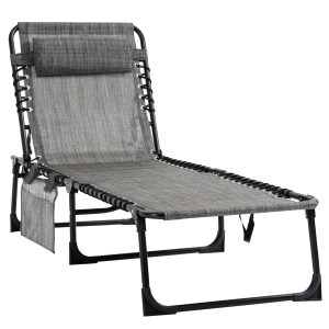 Outsunny Portable Sun Lounger, Folding Chaise Recliner, 5-Position Adjustable Cot, Grey