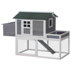 PawHut 63" Wooden Chicken Coop Hen House Poultry Cage for Outdoor Backyard with Raised Garden Bed, Run Area, Nesting Box and Removable Tray, Grey