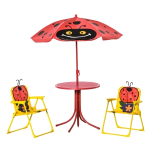 Outsunny Kids Folding Picnic Table and Chair Set, w/ Adjustable Umbrella, Ladybird Pattern