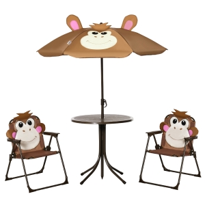 Outsunny Kids Table and Chair Set, Outdoor Folding Garden Furniture, for Patio Backyard, with Monkey Pattern, Removable & Height Adjustable Sun Umbrella, Aged 3-6 Years Old