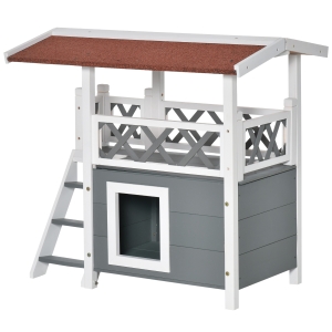 PawHut Wooden Cat Condo Indoor/Outdoor Shelter w/ Balcony Roof, White