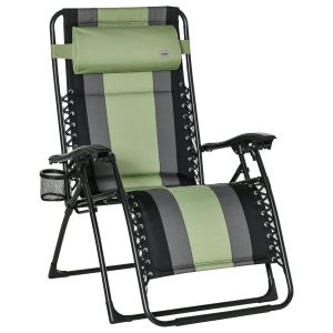 Outsunny Outdoor Zero Gravity Reclining Lounger Chair, Foldable w/Pillow, Cup Holder, Green