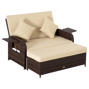 Outsunny 2 PCS Patio Wicker Lounge Sofa Set Assembled Daybed Furniture, w/ Drink Trays