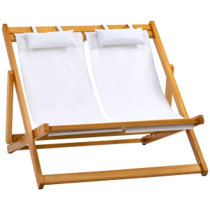 Outsunny Double Folding Patio Chaise Lounge Chair w/ Adjustable Backrest, Cream White