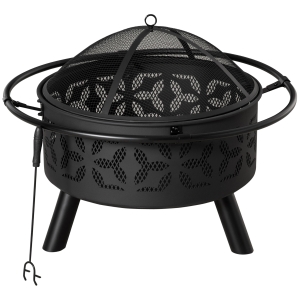 Outsunny 31-Inch Steel Fire Pit, Outdoor Large Wood Burning Fire Bowl w/Screen Cover, Poker