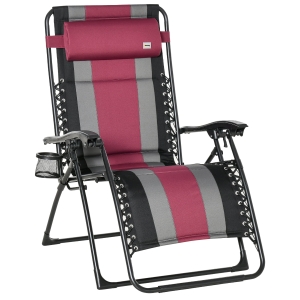 Outsunny Outdoor Zero Gravity Reclining Lounger Chair, Foldable w/ Pillow, Cup Holder, Red