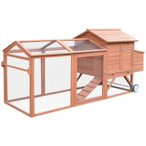 PawHut 96.5" Chicken Coop Wooden Chicken House Rabbit Hutch Poultry Cage Hen Pen Portable with Wheels Outdoor Run and Nesting Box Natural