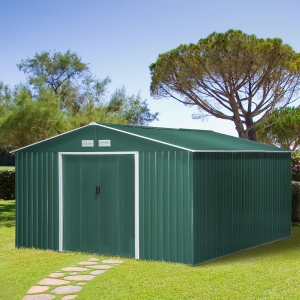 Outsunny 11.2ft x 12.7ft Practical Backyard Garden Storage Tool Shed Double Sliding Door 4 Ventilation Slots, Green
