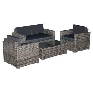 Outsunny 4-Piece Rattan Wicker Furniture Set, Outdoor Cushioned Conversation Furniture with 2 Chairs, Loveseat, and Glass Coffee Table, Grey