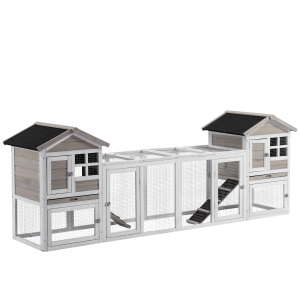 PawHut 102" 2-in-1 Wooden Rabbit Hutch, Double Main House Playpen with Tray Ramp
