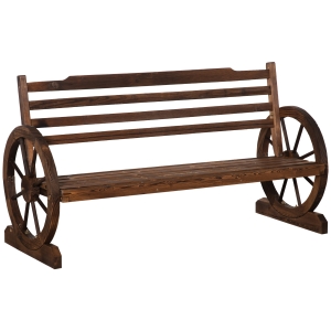Outsunny 3-Seater Rustic Wooden Wagon Wheel Bench, Outdoor Patio Furniture w/ Backrest