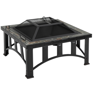 Outsunny 30 Inch Outdoor Fire Pit Square Steel Firepit Stove w/ Screen Poker for Patio