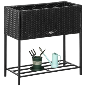 Outsunny PE Rattan Wicker Raised Flower & Vegetable Planter, Rack Shelf Box