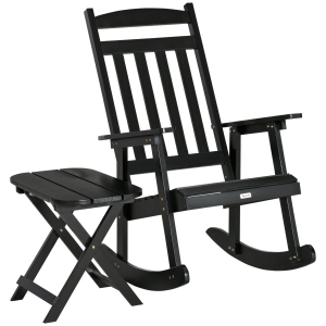 Outsunny Wooden Rocking Chair Set, 2-Piece Outdoor Porch Rocker w/ Foldable Table, Black