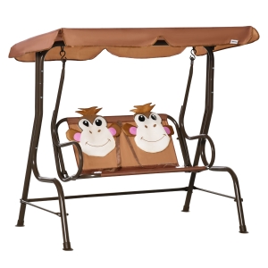 Outsunny Kids Patio Swing Chair, Children Outdoor 2-Seat Porch Bench Toddler Glider for Garden Backyard with Adjustable Canopy, Seat Belt, Monkey Pattern for 3-6 Years Old, Coffee