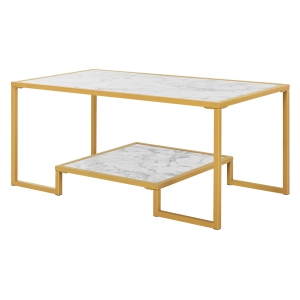 HOMCOM Minimalist Art Deco Coffee Table with Laminate Marble Print Table Top & Underneath Storage Shelf, White & Gold