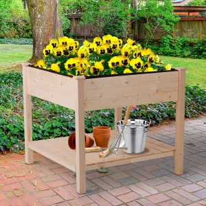 Outsunny Wooden Raised Flower Bed Outdoor Tall Planter Elevated Garden Plant Stand Box w/ Storage Shelf