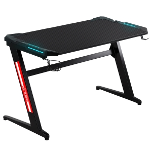 HOMCOM 47" Racing Style Gaming Desk, Z-Shaped Computer Table Workstation with LED Lights, Swivel Cup Holder, Headphone Hook and Cable Management Holes for Gamers Home Office, Black
