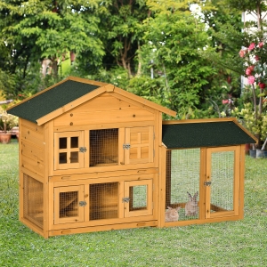 PawHut 59" Wooden Rabbit Hutch 2 Tier Bunny House Pet Playpen Enclosure for Indoor Outdoor with Slide-out Tray, Ramp, for Rabbits and Small Animals, Orange