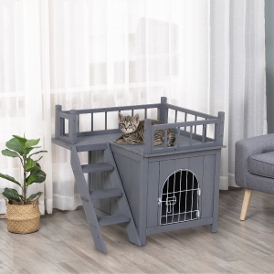 PawHut 2-Story Pet House for Cats Miniature Sized Dogs, Wooden Kitten Shelter with Enclosure, Balcony, Lockable Gate, Stairs, Grey