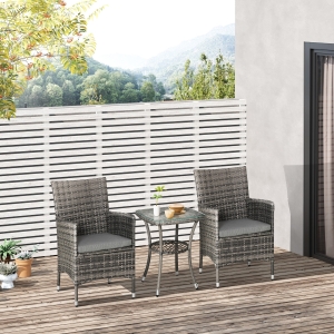 Outsunny 3PC Rattan Bistro Set 2 Armchair Glass Top Coffee Table Wicker Weave Furniture for Garden Outdoor Balcony Patio Grey