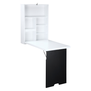 HOMCOM Wall Mounted Foldable Desk with a Blackboard, Fold Out Convertible Floating Desk with Shelves, White