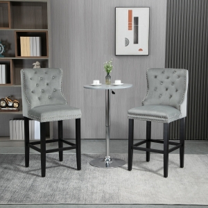 HOMCOM Upholstered Fabric Bar Stool Set of 2, Button Tufted 29.5" Seat Height Pub Chairs with Back & Wood Legs, Grey