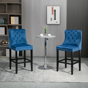 HOMCOM Upholstered Fabric Bar Stool Set of 2, Button Tufted 29.5" Seat Height Pub Chairs with Back & Wood Legs, Blue