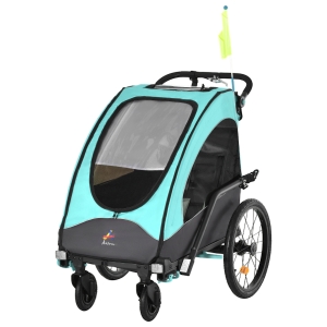 Aosom Child Bike Trailer 3 In 1 Foldable Transport Buggy Carrier with Shock Absorber System Rubber Tires Adjustable Handlebar Kid Bicycle Trailer - Blue and Grey