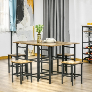 HOMCOM Industrial 5-Piece Dining Table Set, Drop-Leaf Rectangular Kitchen Table with 4 Chairs for Dining Room, Rustic Brown