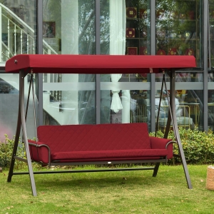 Outsunny 3 Person Patio Swing Chair Bench Hammock Outdoor with Convertible Canopy, Cushion, Pillows for Porch Backyard Garden, Red