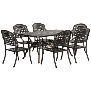 Outsunny 7-Piece Outdoor Patio Dining Furniture Set w/ 6 Armchairs, Umbrella Hole, Bronze