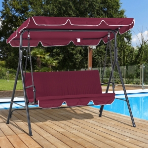 Outsunny Meatal 3-Seater Outdoor Porch Swing with Stand Cushioned Garden Lounger Patio Hammock with Frame and Canopy, Wine Red
