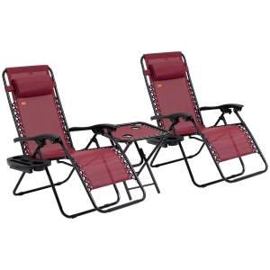 Outsunny Zero Gravity Lounge Chair Set, Folding Reclining Patio Chairs w/ Side Table, Wine Red