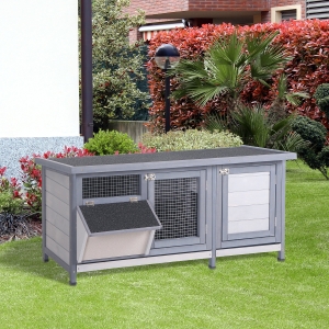 PawHut Wooden Rabbit Hutch Bunny Cage Guinea Pig House Outdoor with Sliding Out Tray, Openable Roof, Feeding Trough, Grey