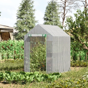 Outsunny 73" x 47" x 75" Walk-in Greenhouse Outdoor Portable Plant Flower Growth Warm House Garden Tunnel Shed w/ Roll-up Door and 4 Shelves White