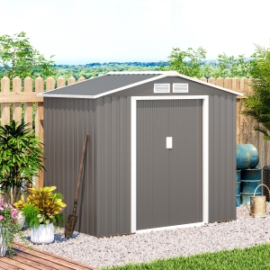Outsunny 7' x 4' x 6' Garden Storage Shed Outdoor Patio Yard Metal Tool Storage House w/ Floor Foundation and Double Doors Grey