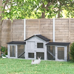 PawHut Large Rabbit Hutch Wood Bunny Cage Outdoor Guinea Pig House with Double Runs Slide Out Tray Ramps, 83"x18"x33", Grey